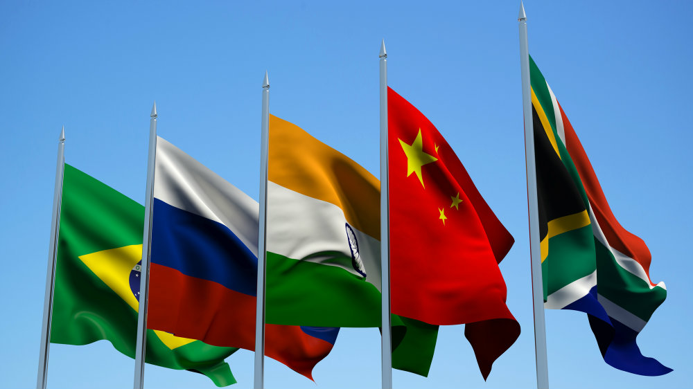 Flags of Brazil, Russia, India, China and South Africa
