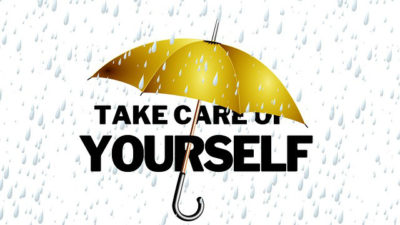 Umbrella protecting words "Take care of yourself" from rain