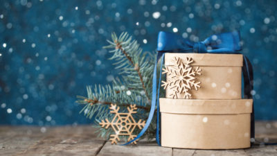 Beautiful holiday decorated background with christmas gift boxes ,fir. christmas holiday concept