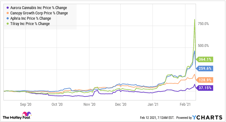 ACB,APHA, WEED and TLRY stock performance over six months to February 11, 2021.