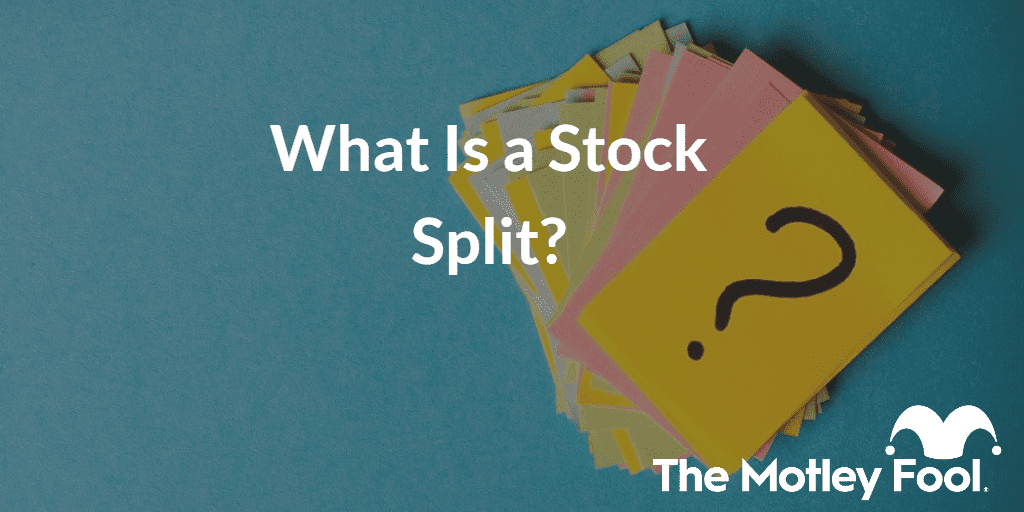 Questions mark on index cards with the text “What Is a Stock Split?” and The Motley Fool jester cap logo