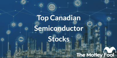 Cityscape with the text “Top Canadian Semiconductor Stocks” and The Motley Fool jester cap logo