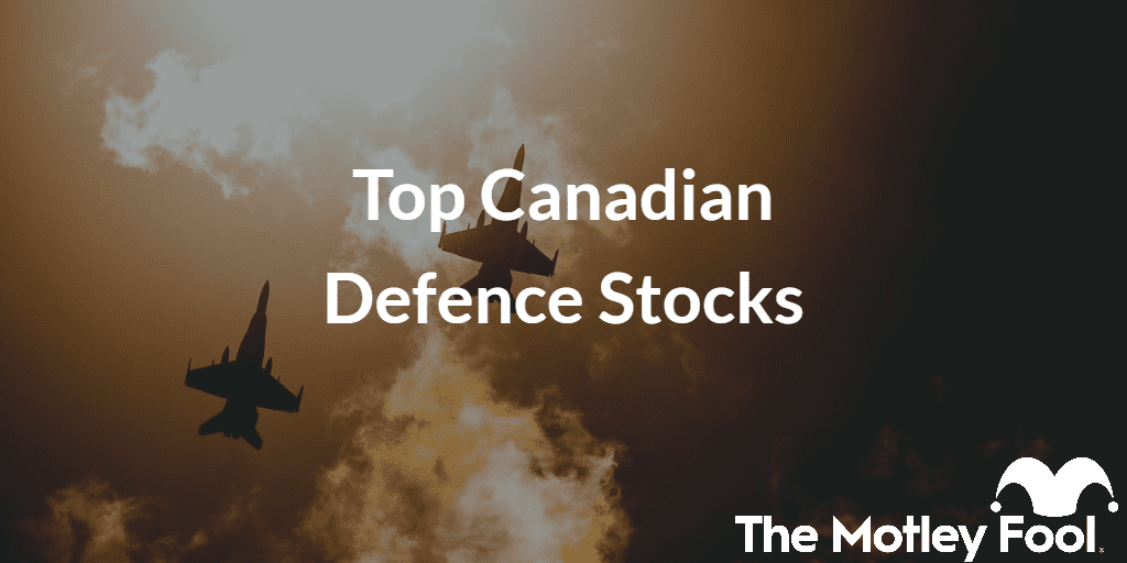 fighter jets with the text “Top Canadian Defence Stocks” and The Motley Fool jester cap logo