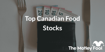 Wallet on table with the text “Top Canadian Food Stocks” and The Motley Fool jester cap logo