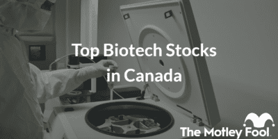 Biotech machine with the text “Top Biotech Stocks in Canada” and The Motley Fool jester cap logo