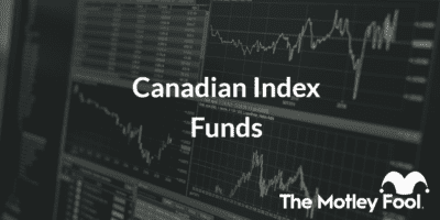 Stock Chart with the text “Canadian Index Funds” and The Motley Fool jester cap logo