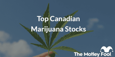 marijuana plant with the text “Top Canadian Marijuana Stocks” and The Motley Fool jester cap logo