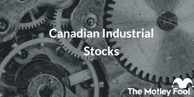 Gears with the text “canadian industrial stocks” and The Motley Fool jester cap logo