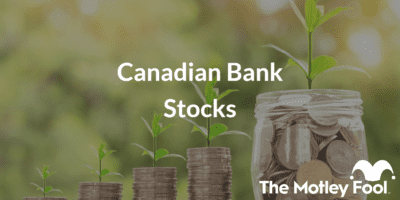 Money in jars with the text “Canadian Bank Stocks” and The Motley Fool jester cap logo