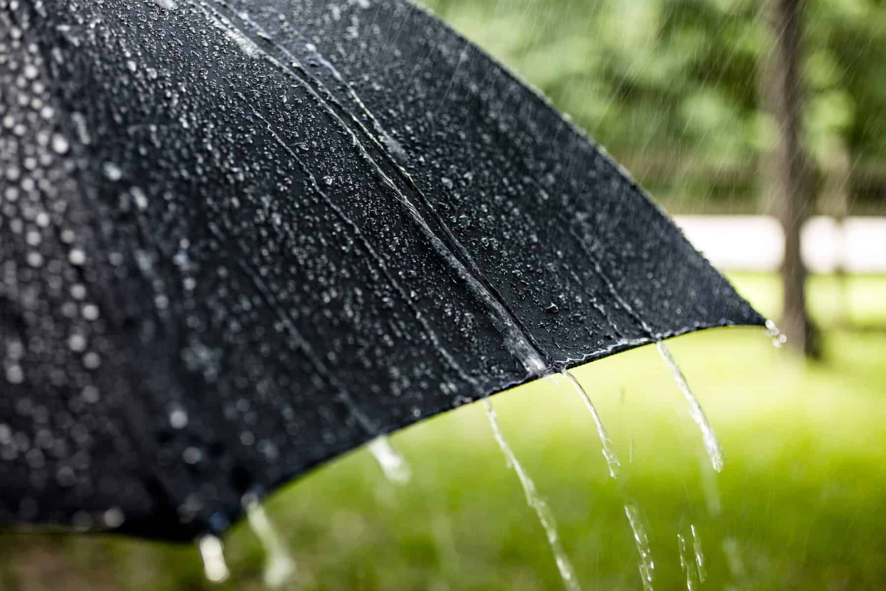 rain rolls off a protective umbrella in a rainstorm