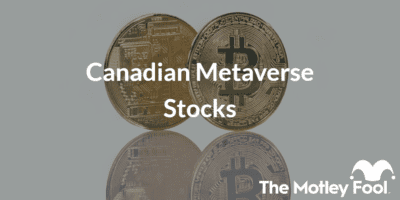 Bitcoin coins with the text “canadian metaverse stocks” and The Motley Fool jester cap logo