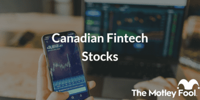 Cell phone and laptop with the text “canadian fintech stocks” and The Motley Fool jester cap logo
