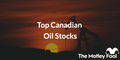 An oil rig in front of a sunrise with the text, "Top Canadian Oil Stocks"