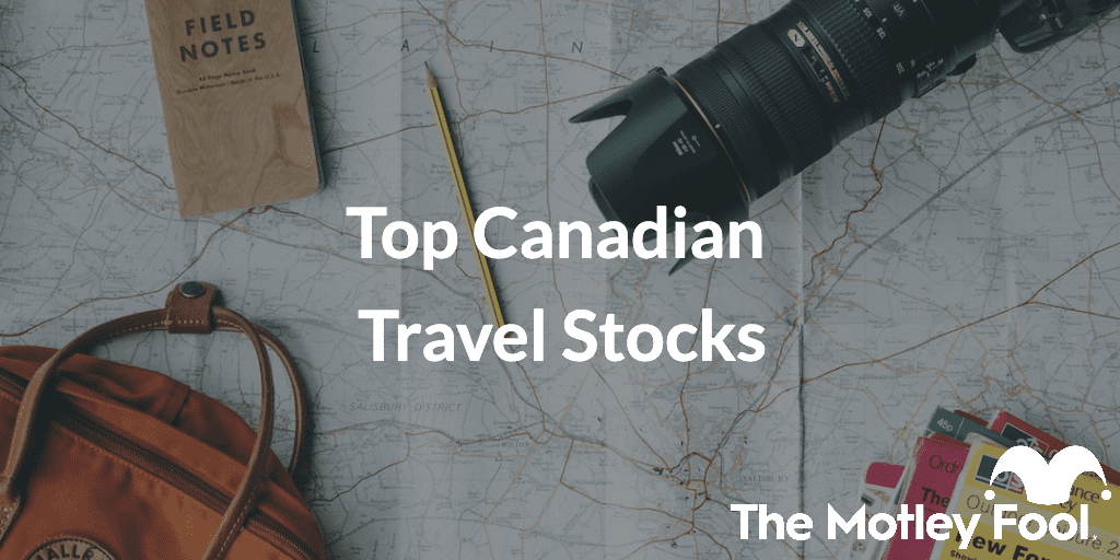 An image of a camera, map, and other misc. travel supplies with the text, "Top Canadian Travel Stocks"