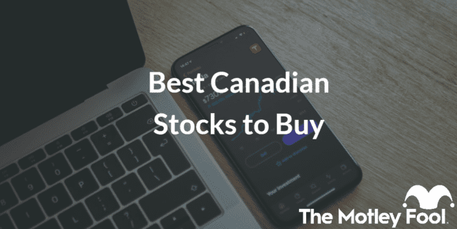 laptop and cellphone trading app with the text “Best canadian stocks to buy” and The Motley Fool jester cap logo