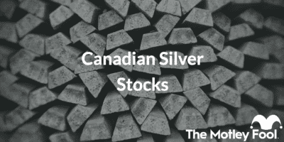 Silver metal with text “Top Canadian Silver Stocks for 2022” and The Motley Fool jester cap logo” and The Motley Fool jester cap logo