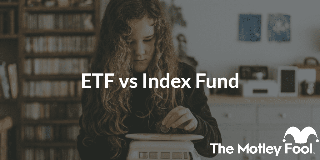 Woman making financial decision with the text “etf vs index fund” and The Motley Fool jester cap logo