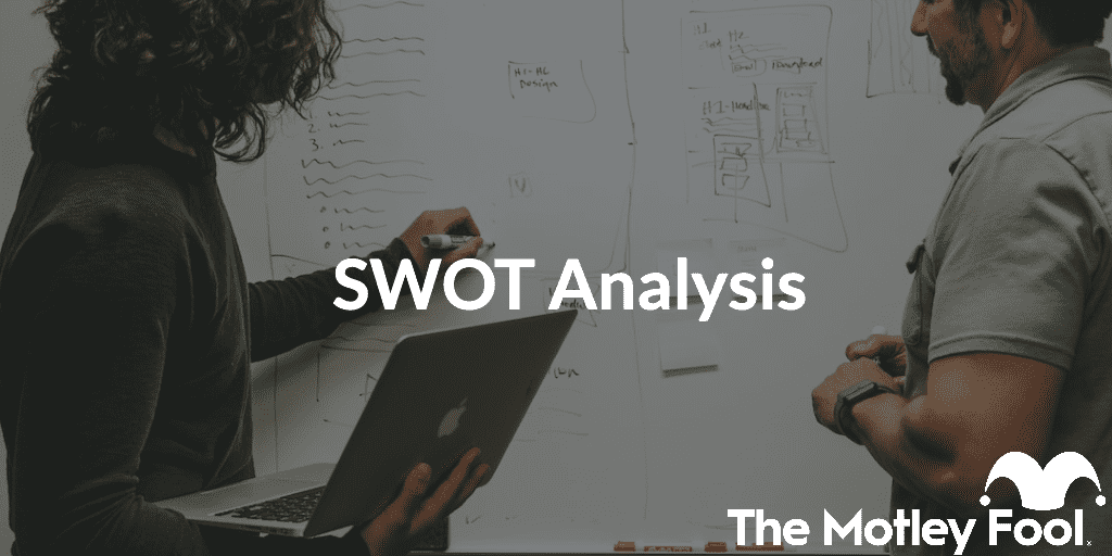 Someone writing on a marker board with the text, "SWOT Analysis"
