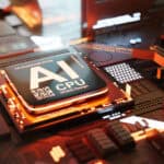 A microchip in a circuit board powers artificial intelligence.