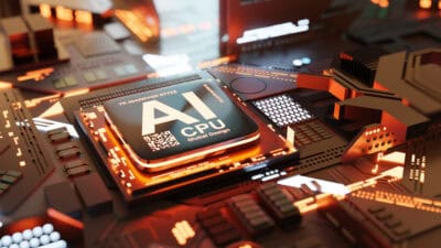 A microchip in a circuit board powers artificial intelligence.