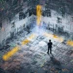 Abstract technology background image with standing businessman