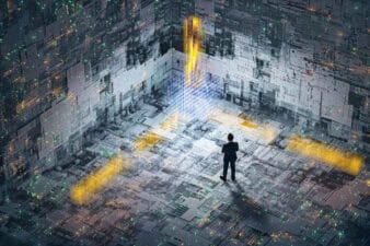 Abstract technology background image with standing businessman