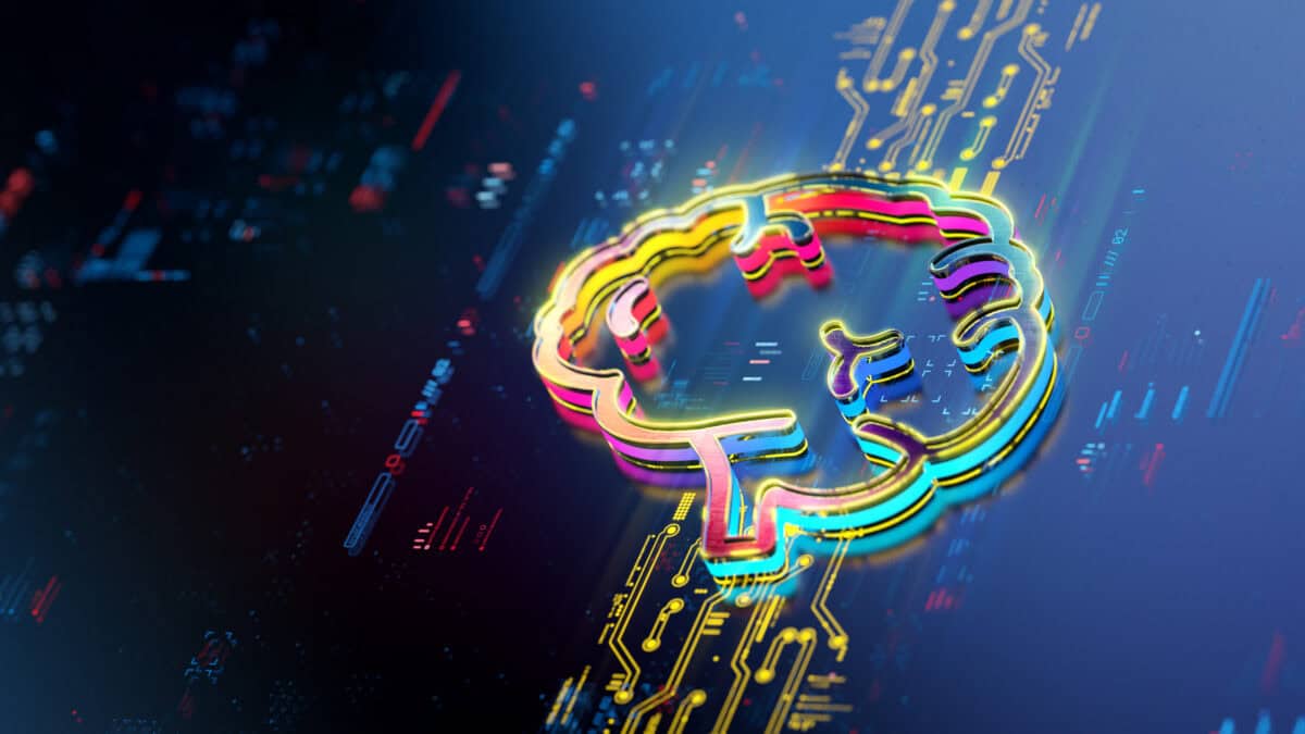 Digital brain hologram on future tech background. Productivity of AI evolution