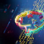 Digital brain hologram on future tech background. Productivity of AI evolution