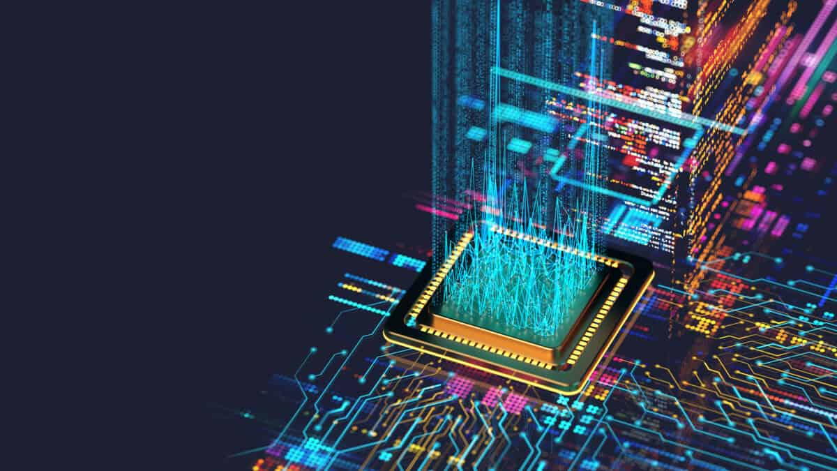 Digital background depicting innovative technologies in quantum computing, (AI) artificial systems, neural interfaces and internet machine learning technologies