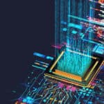Digital background depicting innovative technologies in quantum computing, (AI) artificial systems, neural interfaces and internet machine learning technologies