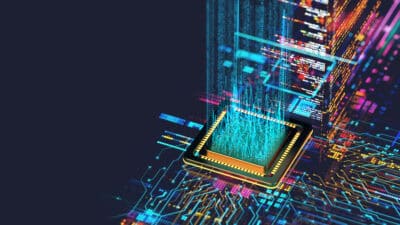 Digital background depicting innovative technologies in quantum computing, (AI) artificial systems, neural interfaces and internet machine learning technologies