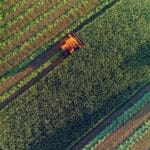 Agricultural harvesting at the last light of day, aerial view.